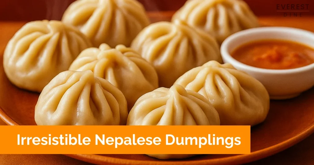 Plate of Nepalese momo dumplings served with red dipping sauce.