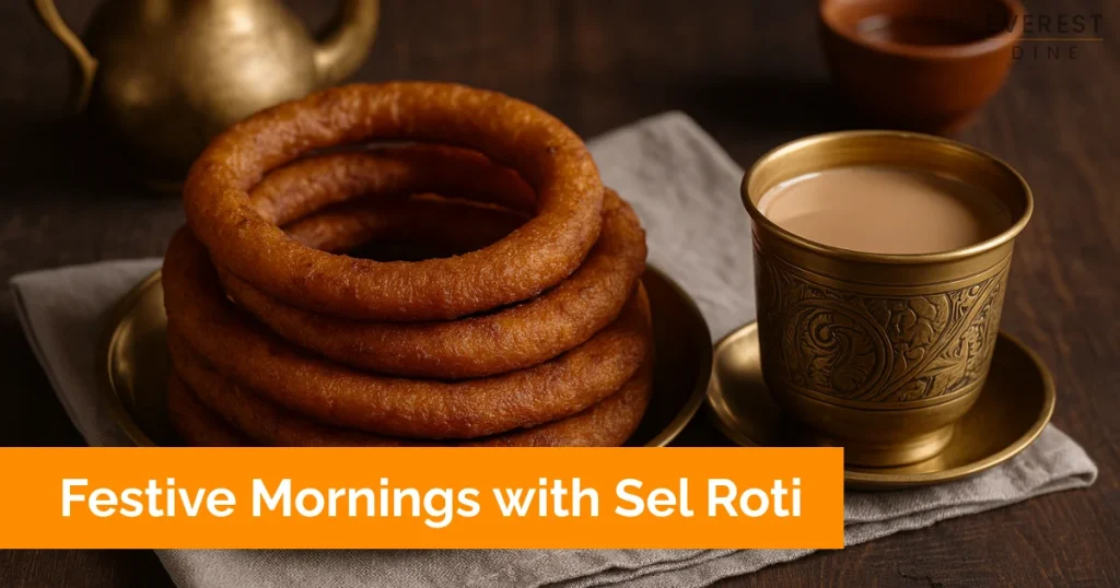Stack of Sel Roti with brass cup of Nepalese milk tea on wooden table.