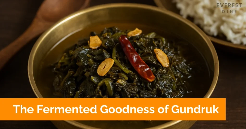 Bowl of gundruk with garlic and chili, served with white rice.